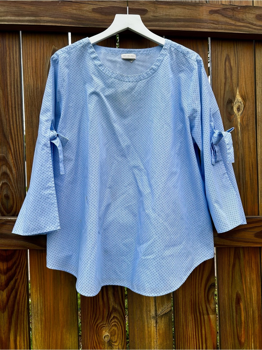 Van Heusen Womens Top Shirt Size XL Blue Polka Swiss Dot Bow Sleeves